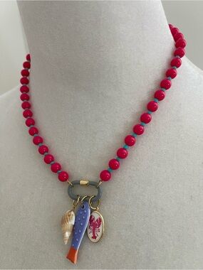 Hot Pink Beaded Necklace with Multicolor Shell & Fish Charms